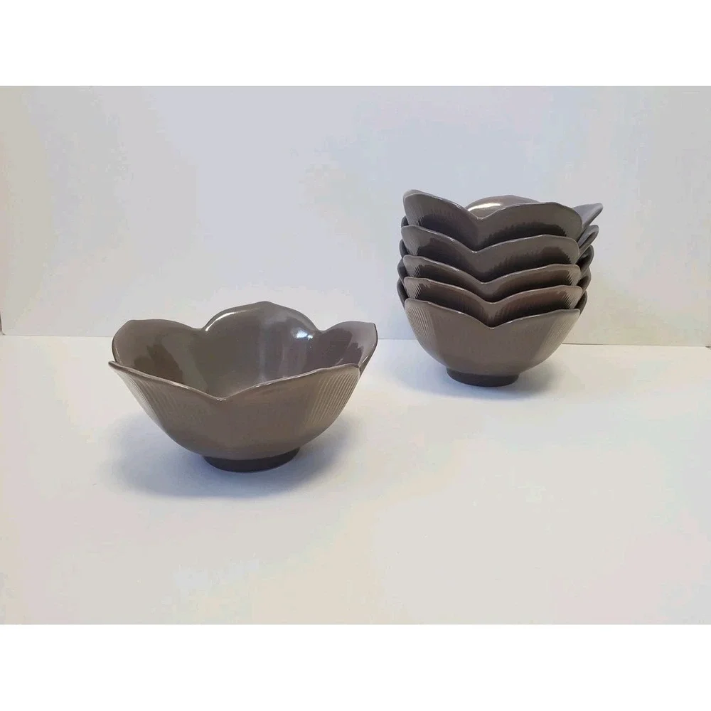 Vintage Pier 1 Lotus Flower Bowls Taupe/Brown Porcelain Set of 6 Cottagecore